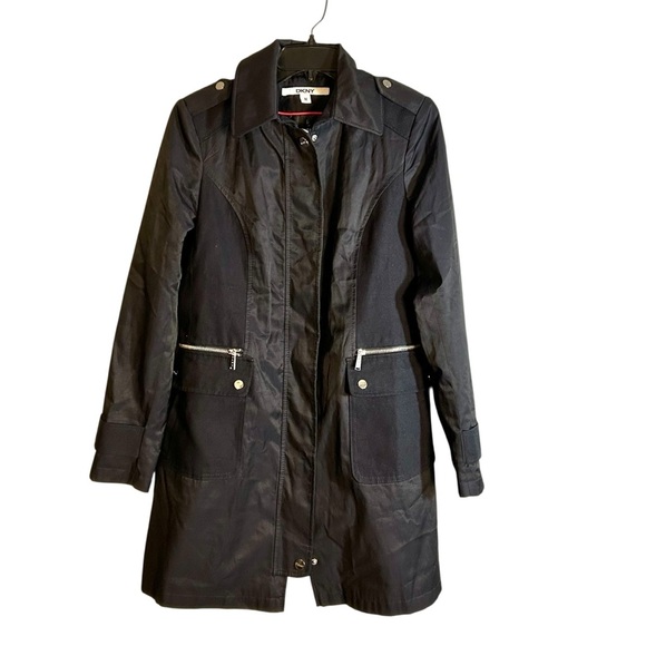 DKNY Car Trench Coat Navy Blue Snap Zip Lined Military Epaulettes Womens Size M - Picture 1 of 16